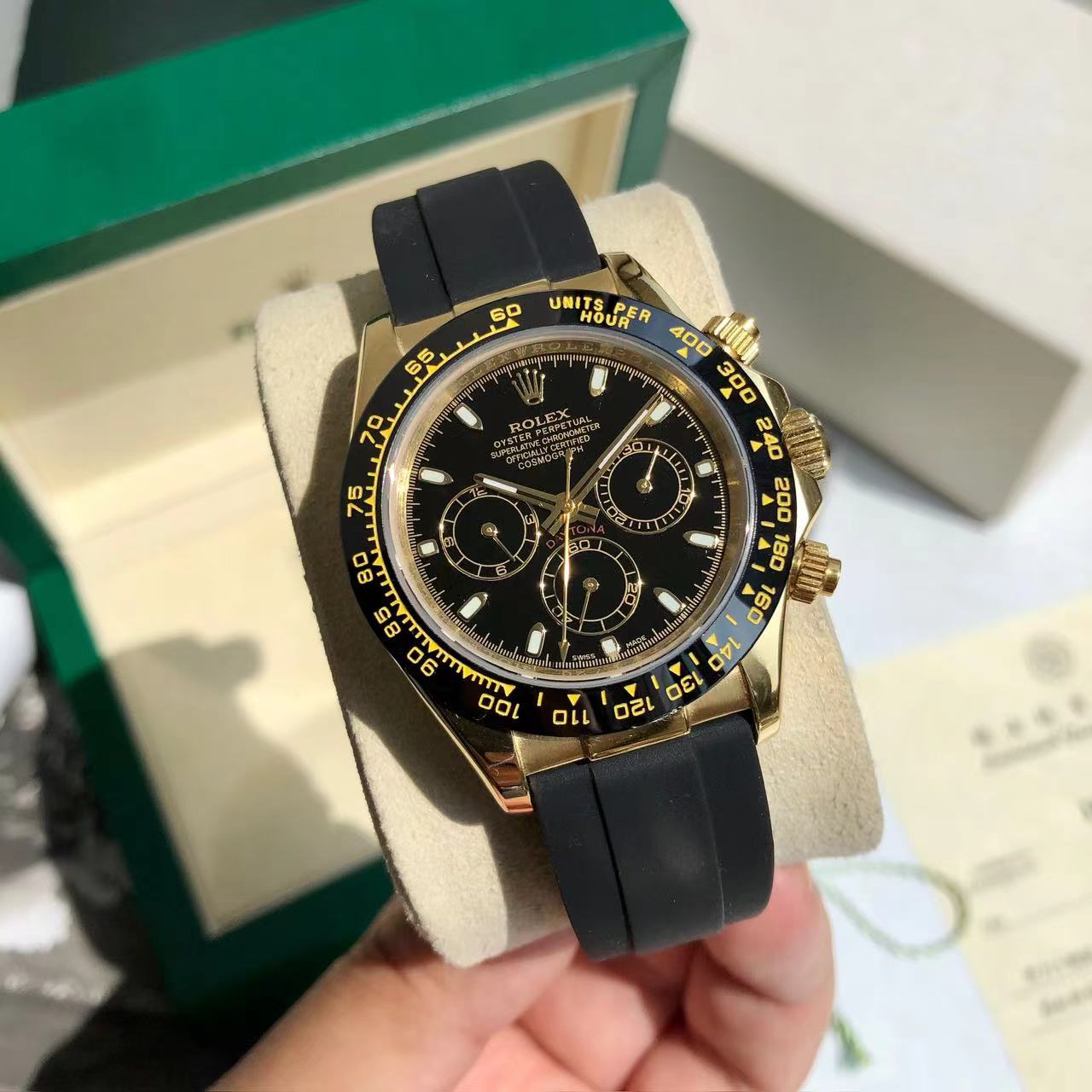 Rolex Daytona Chronograph Luxury Watch, 40mm 18K Yellow Gold Case, Caliber 4130 Movement, Black Rubber Strap