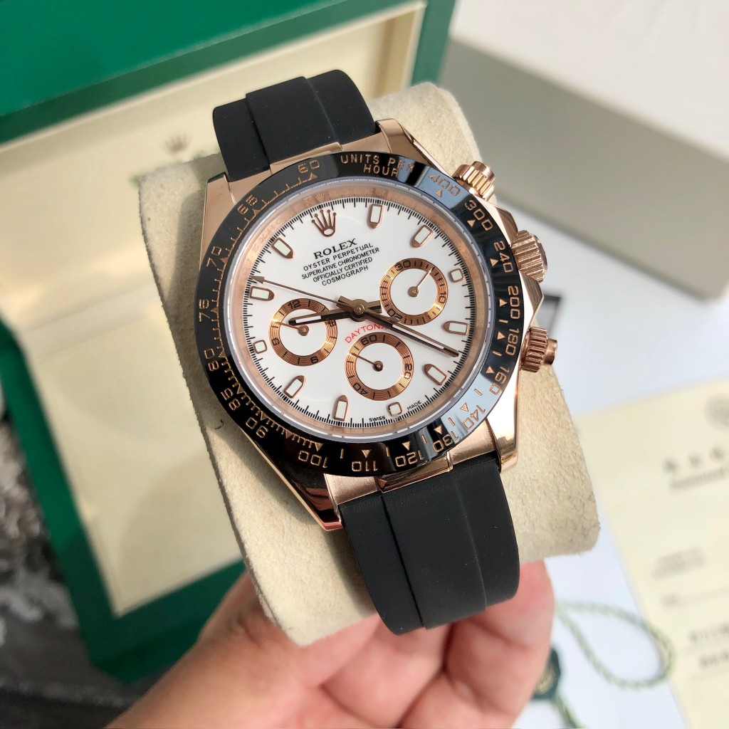 Rolex Daytona Chronograph Luxury Watch, 40mm 18K Rose Gold Case, Caliber 4130 Movement, Black Rubber Strap