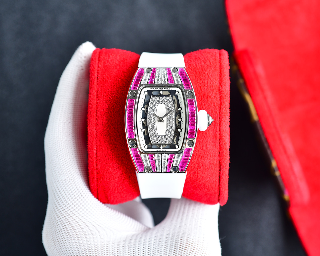 Richard Mille Luxury Women's Watch, 38mm Titanium Case with Diamond & Pink Sapphire Setting, Automatic Movement, White Rubber Strap