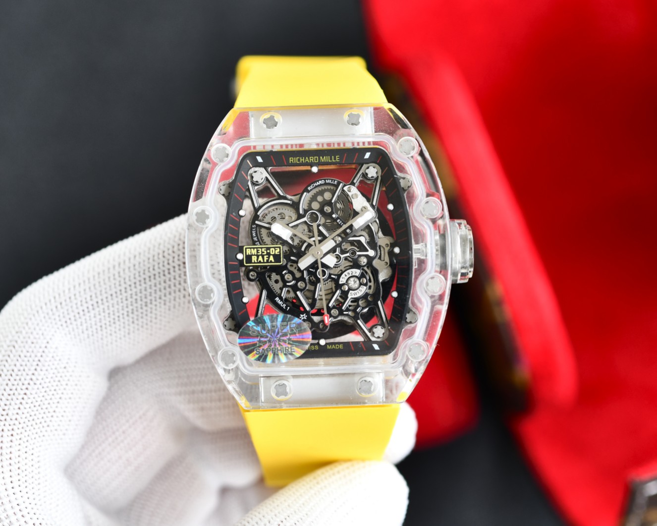 Richard Mille Luxury Skeleton Watch, 42mm Sapphire Crystal Case, Automatic Movement, Yellow Rubber Strap (Fully Skeletonized Dial with Technical Detailing)
