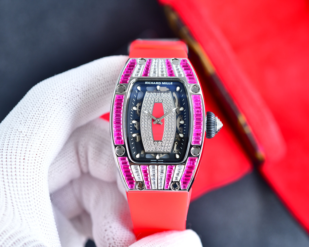 Richard Mille Luxury Women's Watch, 38mm Titanium Case with Diamond & Pink Sapphire Setting, Automatic Movement, Black Rubber Strap