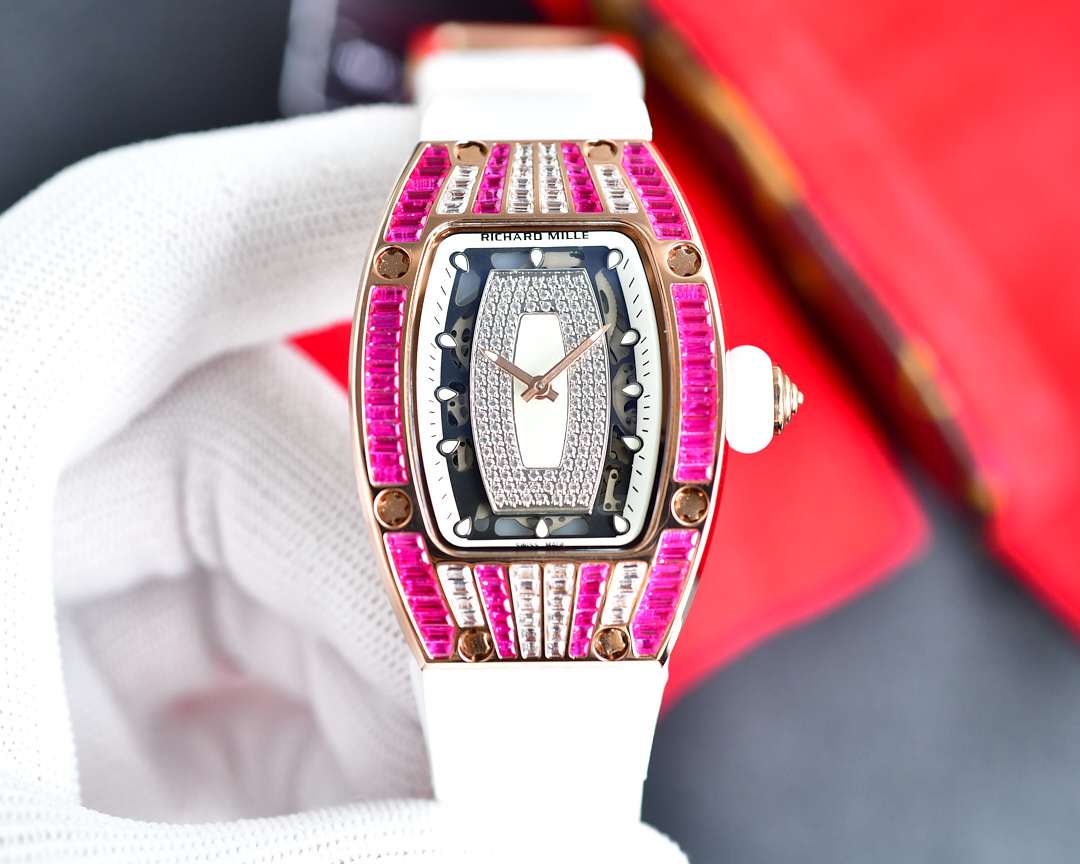 Richard Mille Luxury Women's Watch, 38mm 18K Rose Gold Case with Diamond & Pink Sapphire Setting, Automatic Movement, White Rubber Strap