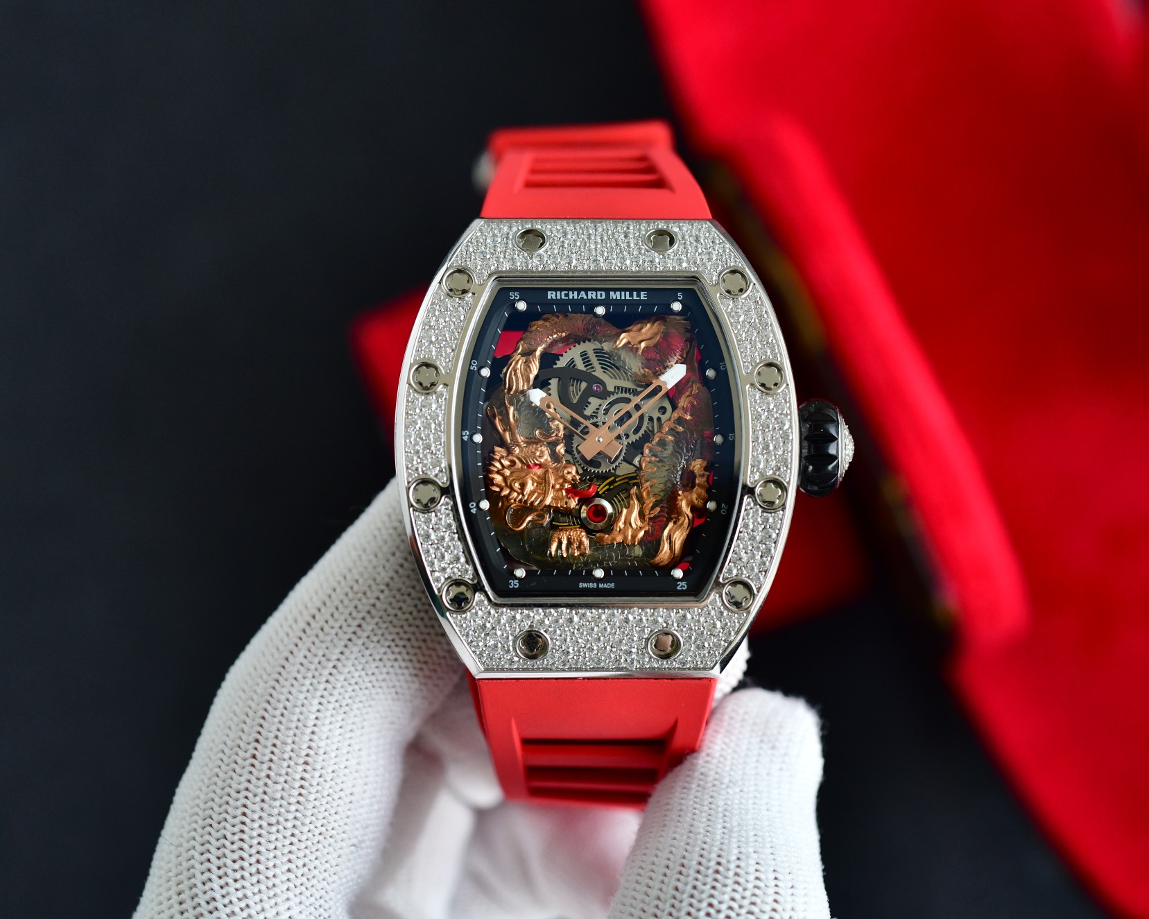 Richard Mille Luxury Watch, 42mm 18K Rose Gold Case with Diamond Setting, Automatic Movement, Red Rubber Strap (Skeleton Dial with Dragon Engraving)