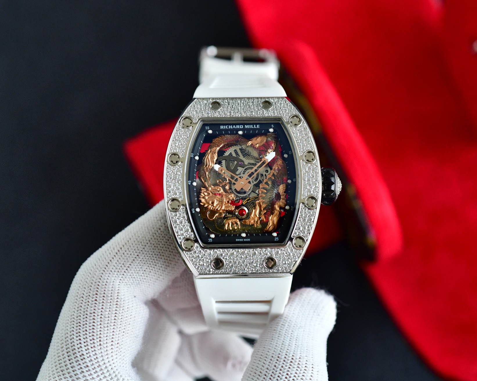 Richard Mille Luxury Watch, 42mm Titanium Case with Diamond Setting, Automatic Movement, White Rubber Strap (Skeleton Dial with Dragon Engraving)