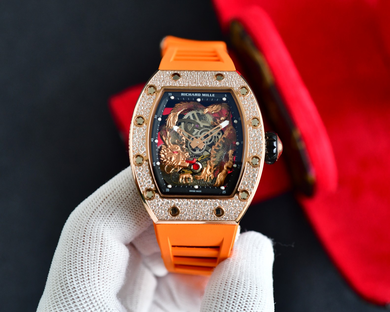 Richard Mille Luxury Watch, 42mm 18K Rose Gold Case with Diamond Setting, Automatic Movement, Orange Rubber Strap (Skeleton Dial with Dragon Engraving)