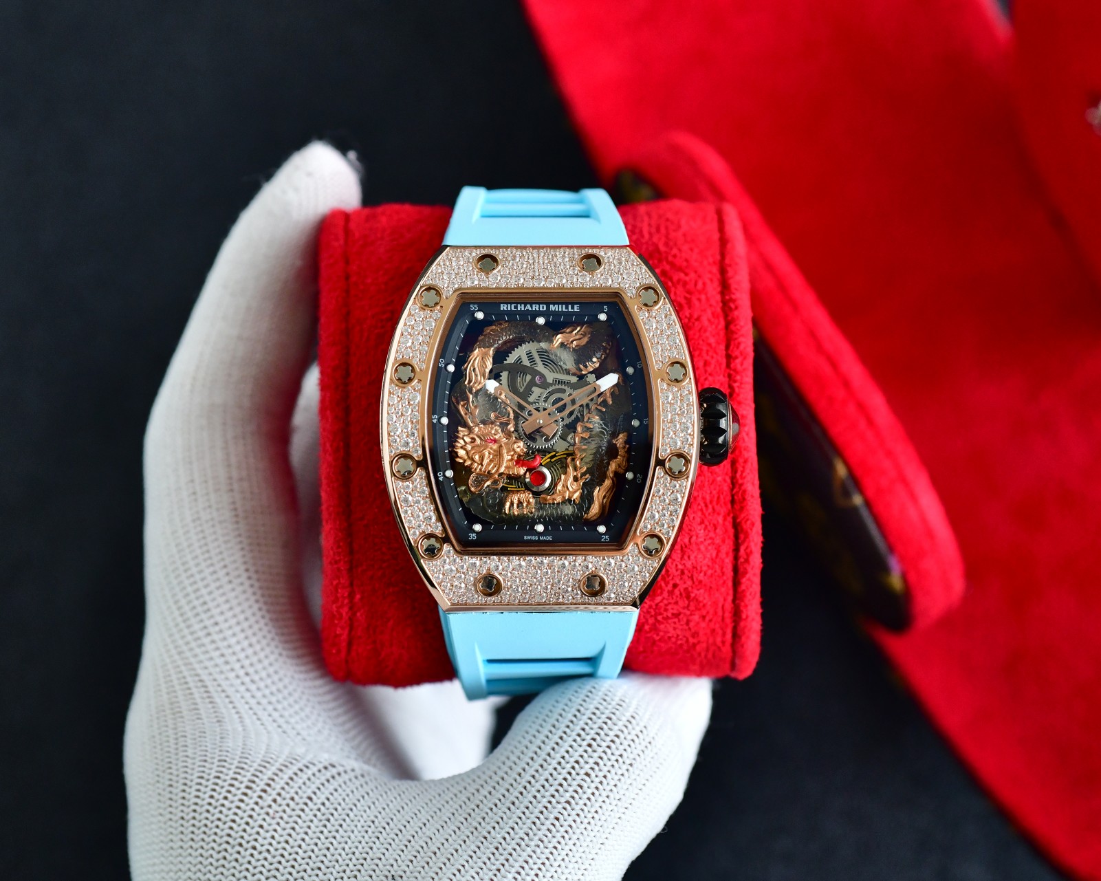 Richard Mille Luxury Watch, 42mm 18K Rose Gold Case with Diamond Setting, Automatic Movement, Light Blue Rubber Strap (Skeleton Dial with Dragon Engraving)