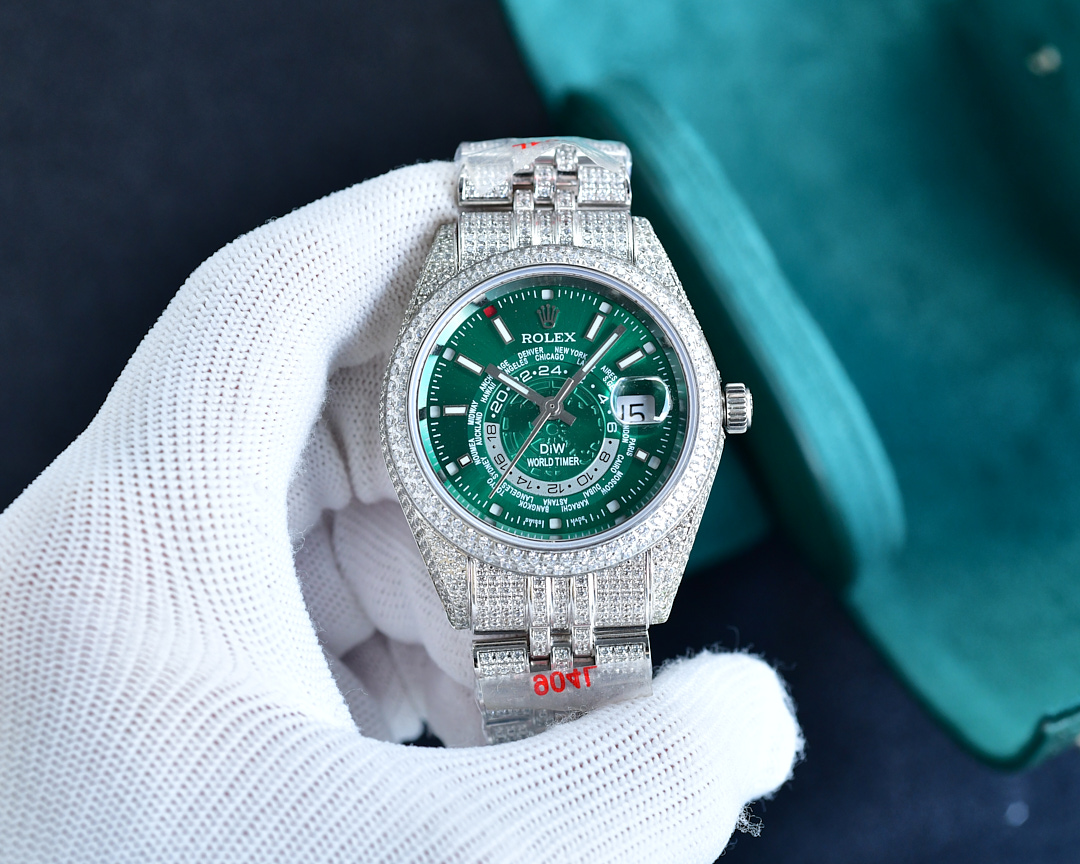 Rolex World Time Luxury Watch, 41mm Stainless Steel Case with Full Diamond Setting, Automatic Movement, Stainless Steel Diamond - Set Bracelet (Green Dial with World Time Function)