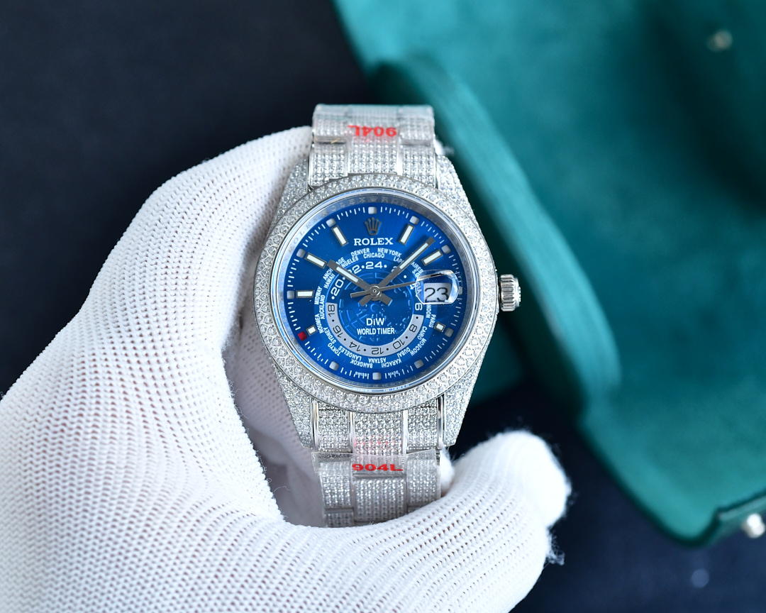 Rolex World Time Luxury Watch, 41mm Stainless Steel Case with Full Diamond Setting, Automatic Movement, Stainless Steel Diamond - Set Bracelet (Blue Dial with World Time Function)