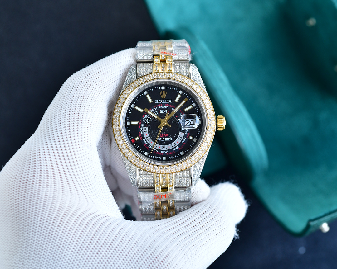 Rolex World Time Luxury Watch, 41mm Stainless Steel & 18K Yellow Gold Case with Full Diamond Setting, Automatic Movement, Stainless Steel & 18K Yellow Gold Diamond - Set Bracelet