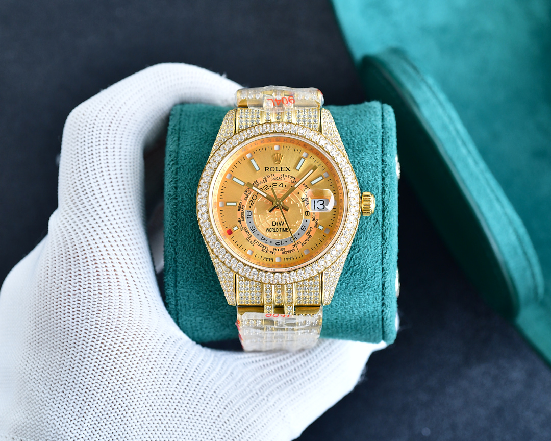 Rolex World Time Luxury Watch, 41mm 18K Yellow Gold Case with Full Diamond Setting, Automatic Movement, 18K Yellow Gold Diamond - Set Bracelet (Gold Dial with World Time Function)