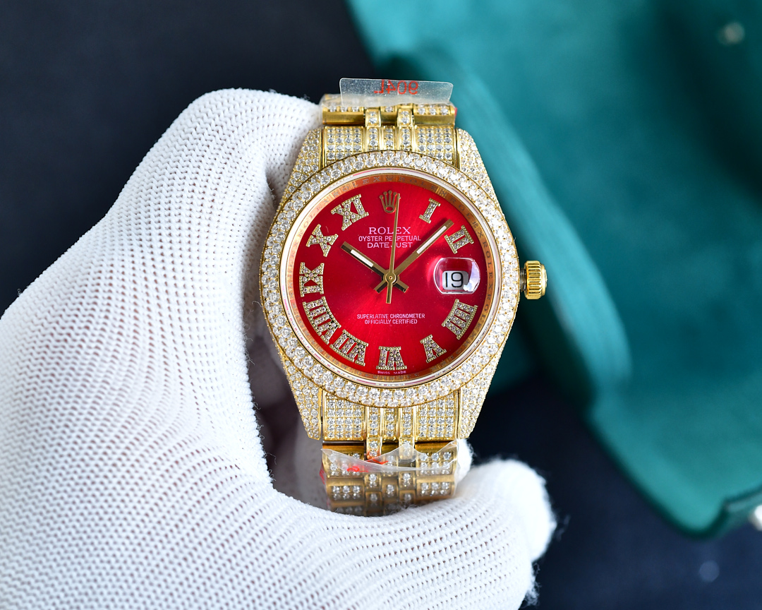 Rolex Datejust Luxury Watch, 41mm 18K Yellow Gold Case with Full Diamond Setting, Automatic Movement, 18K Yellow Gold Diamond - Set Bracelet (Red Dial with Roman Numeral Hour Markers)