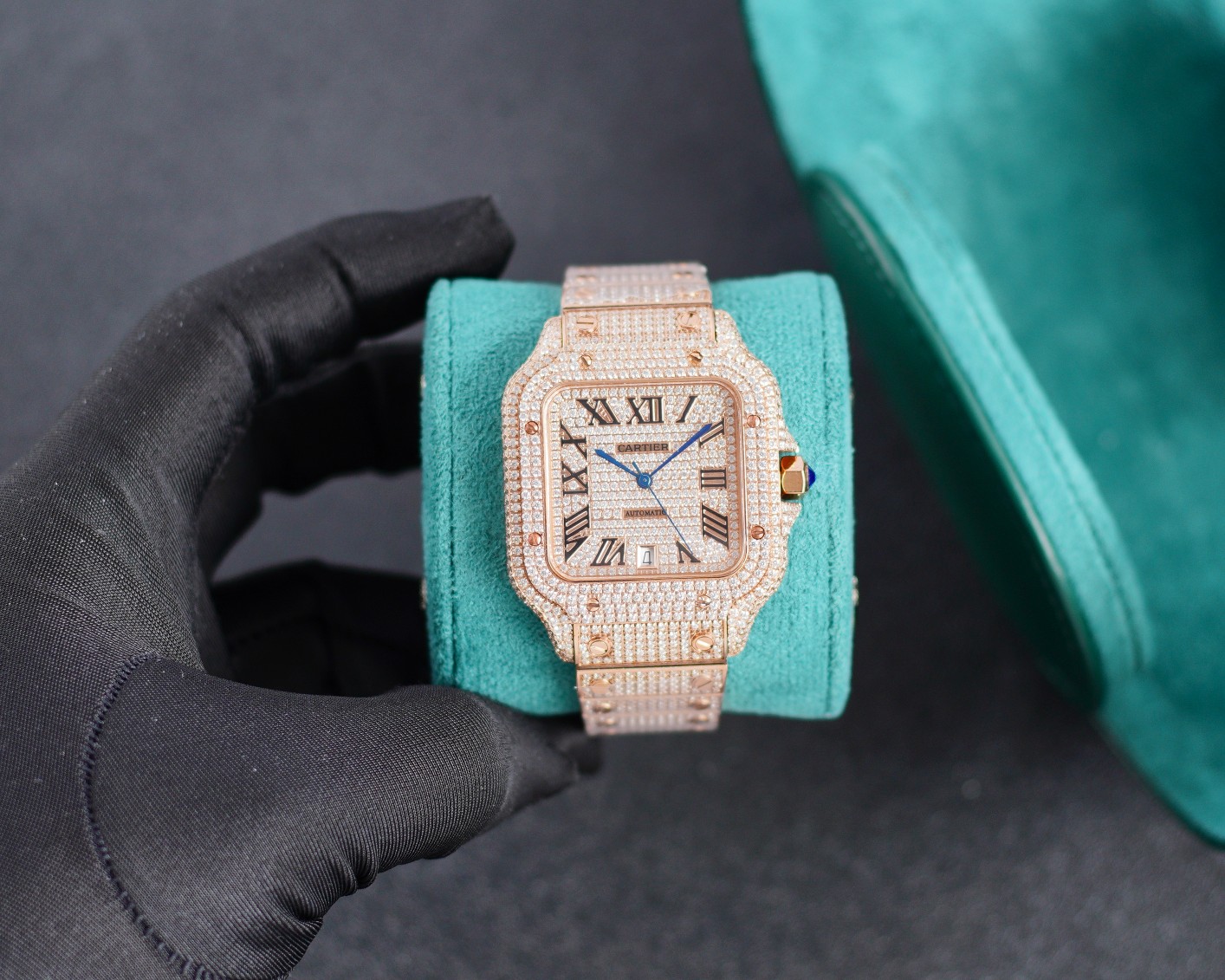 Cartier Santos - de - Cartier Luxury Watch, 39.8mm 18K Rose Gold Case with Full Diamond Setting, Automatic Movement, 18K Rose Gold Diamond - Set Bracelet (Roman Numeral Dial)