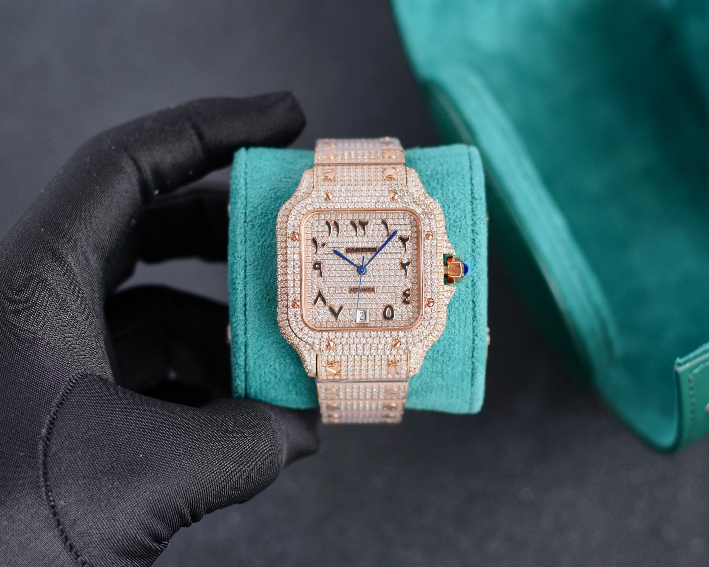 Cartier Santos - de - Cartier Luxury Watch, 39.8mm 18K Rose Gold Case with Full Diamond Setting, Automatic Movement, 18K Rose Gold Diamond - Set Bracelet (Arabic Numeral Dial)