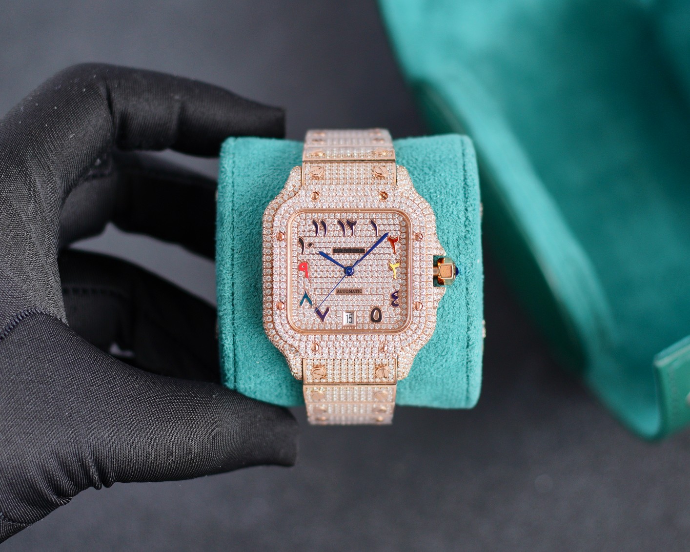 Cartier Santos - de - Cartier Luxury Watch, 39.8mm 18K Rose Gold Case with Full Diamond Setting, Automatic Movement, 18K Rose Gold Diamond - Set Bracelet (Colorful Numeral Dial)