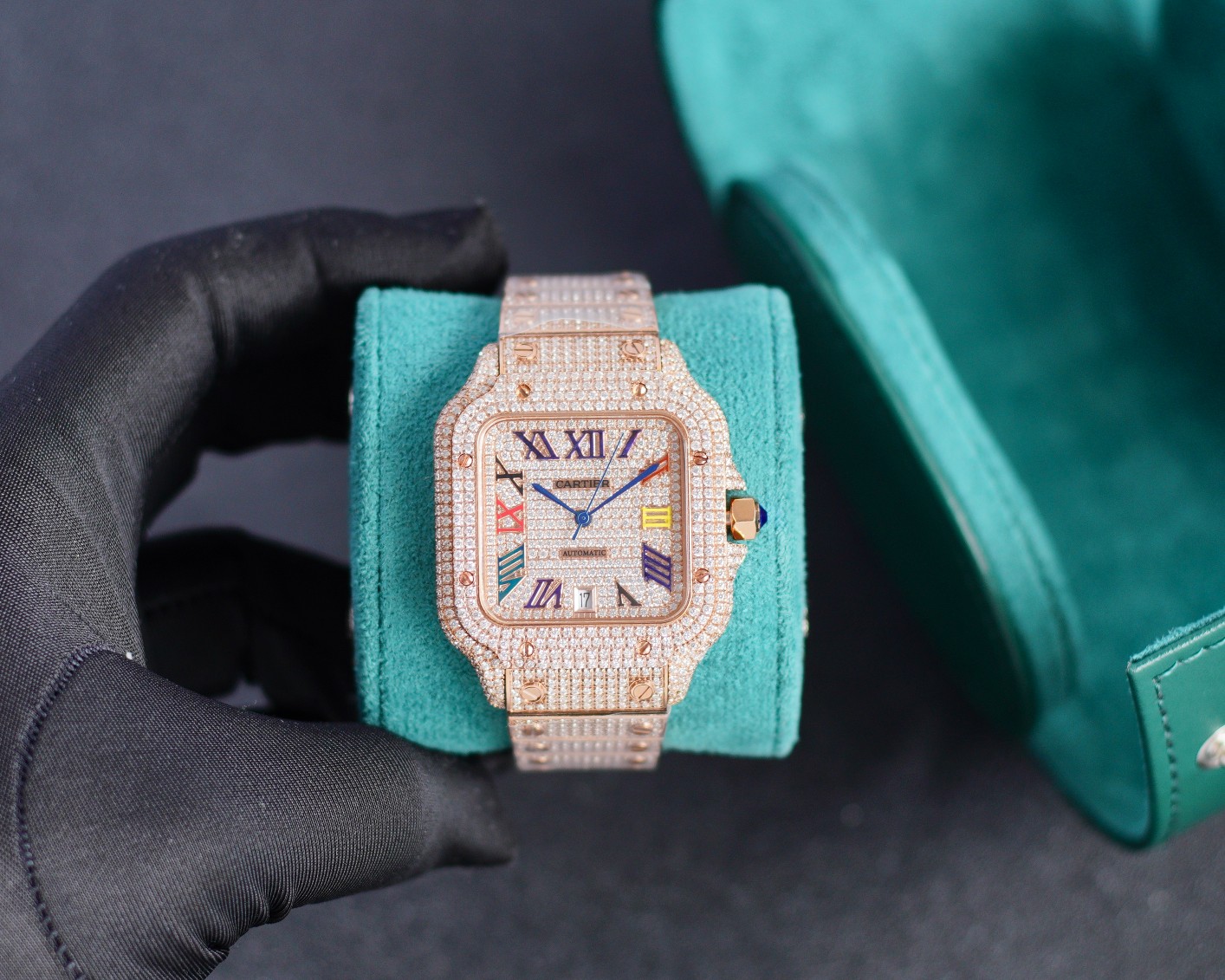 Cartier Santos - de - Cartier Luxury Watch, 39.8mm 18K Rose Gold Case with Full Diamond Setting, Automatic Movement, 18K Rose Gold Diamond - Set Bracelet (Colorful Roman Numeral Dial)