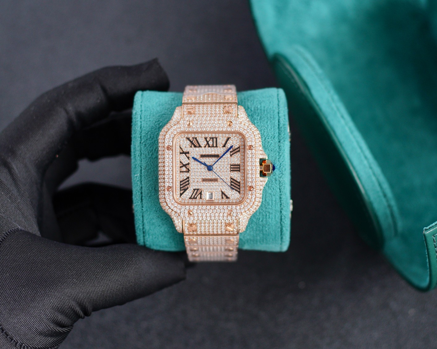 Cartier Santos - de - Cartier Luxury Watch, 39.8mm 18K Rose Gold Case with Full Diamond Setting, Automatic Movement, 18K Rose Gold Diamond - Set Bracelet (Black Roman Numeral Dial)