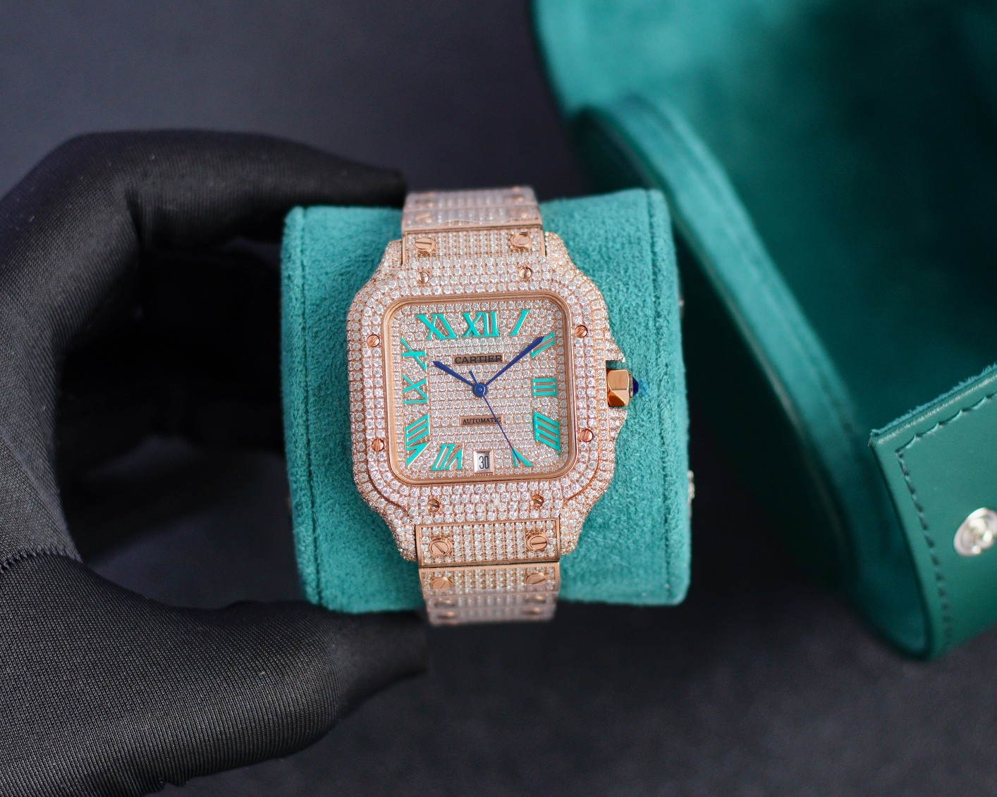 Cartier Santos - de - Cartier Luxury Watch, 39.8mm 18K Rose Gold Case with Diamond Setting, Automatic Movement, 18K Rose Gold Diamond - Set Bracelet (Turquoise Roman Numeral Dial)