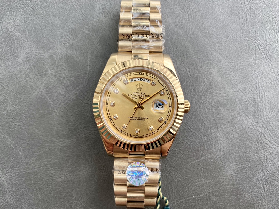Rolex Day - Date Luxury Watch, 40mm 18K Gold Case, Calibre 3255 Movement, 18K Gold President Bracelet with Diamond Markers