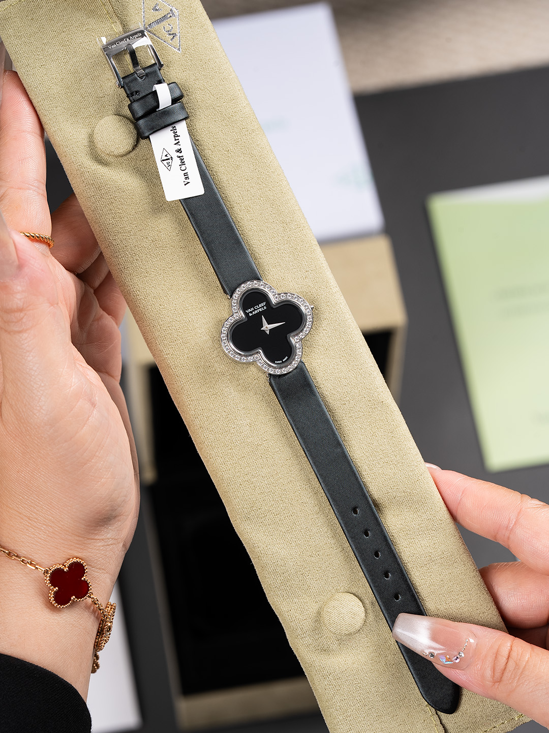 Van Cleef & Arpels Alhambra Luxury Watch, ~25mm White Gold, Onyx & Diamond Case, Quartz Movement, Black Leather Strap