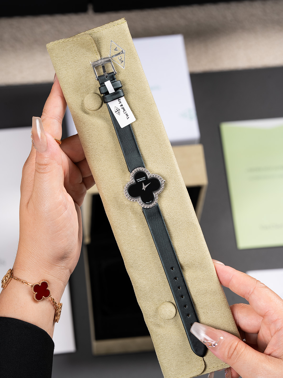 Van Cleef & Arpels Alhambra Luxury Watch, ~25mm White Gold, Onyx & Diamond Case, Quartz Movement, Black Leather Strap