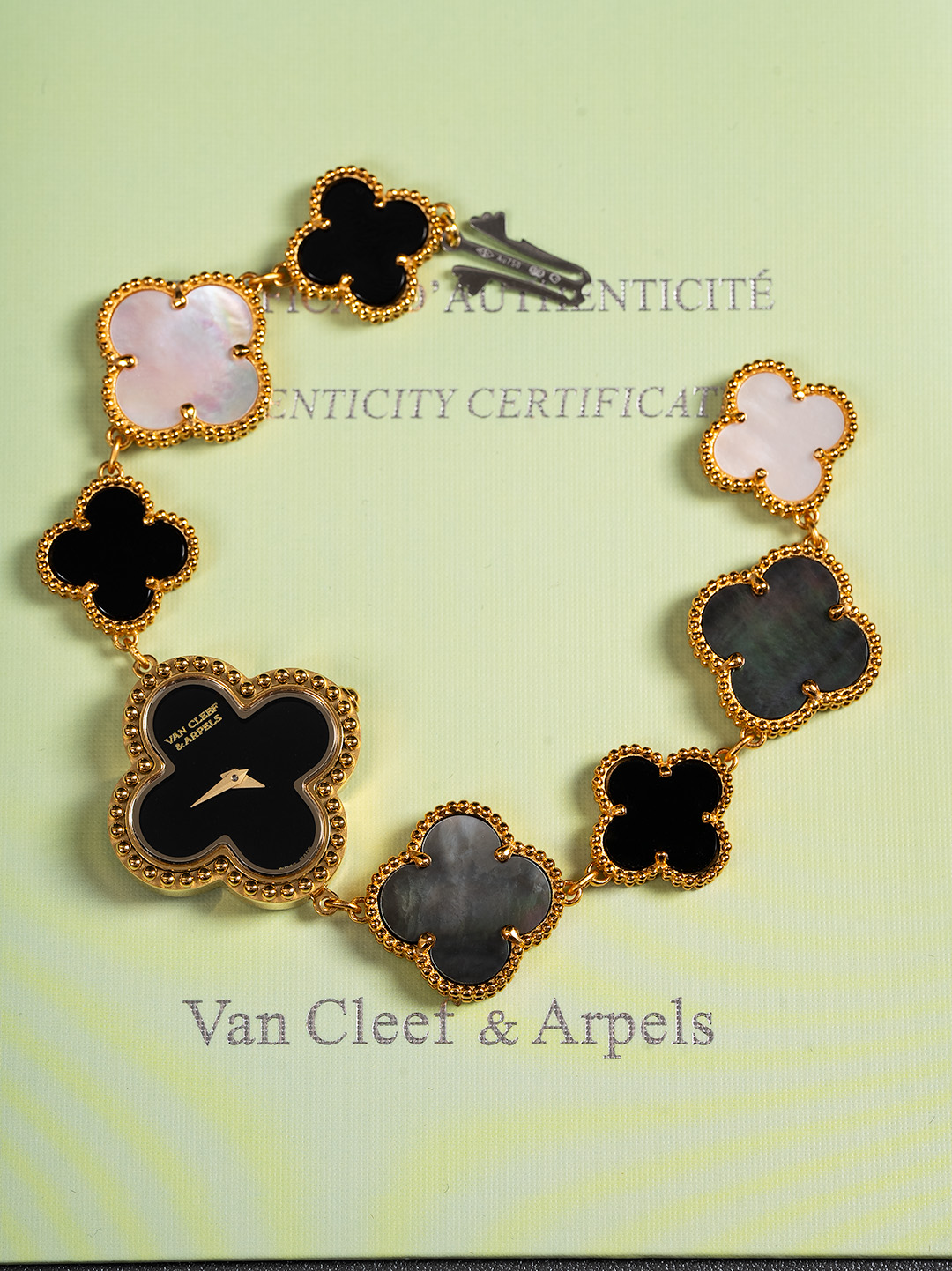 Van Cleef & Arpels Alhambra Luxury Bracelet Watch, ~30mm 18K Gold/Onyx/Mother - of - Pearl Case, Quartz Movement