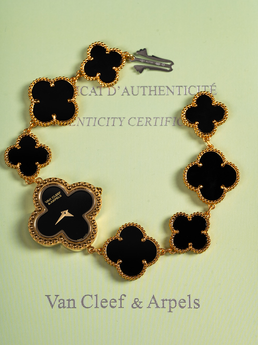 Van Cleef & Arpels Alhambra Luxury Bracelet Watch, ~30mm 18K Gold & Onyx Case, Quartz Movement