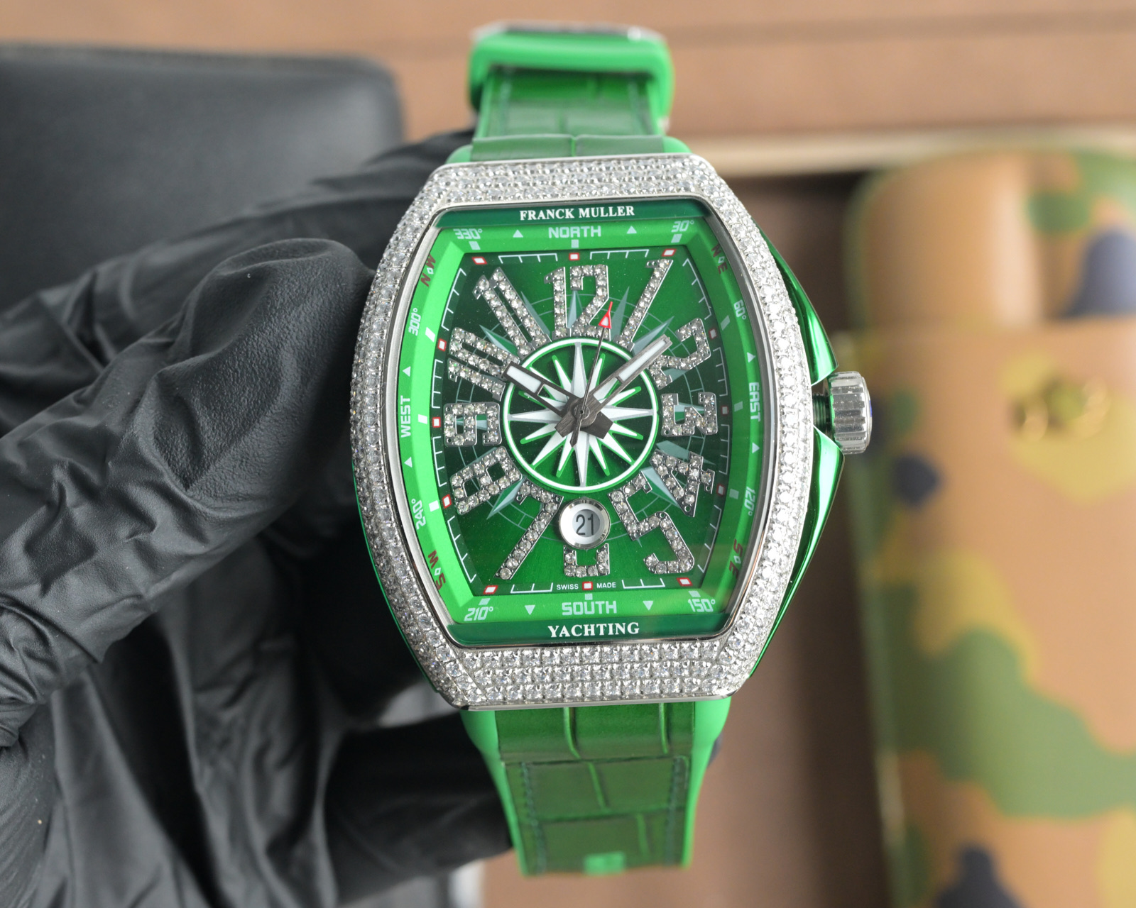 Franck Muller Vanguard Yachting Luxury Watch, 45mm Case, Automatic Movement, Green Rubber Strap