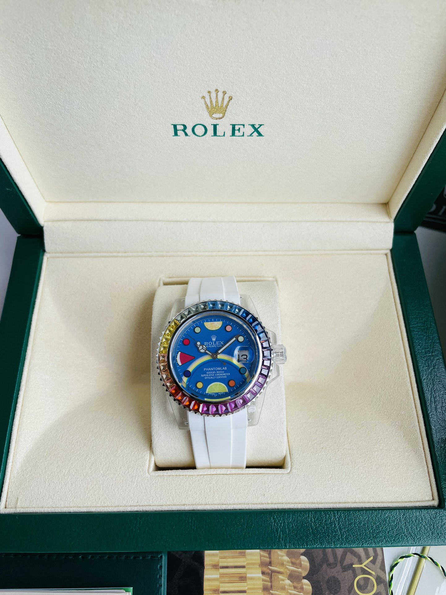 Custom Artistic Diver - Style Watch, 40mm Rainbow Gem - Set Bezel, Automatic Movement, White Rubber Strap