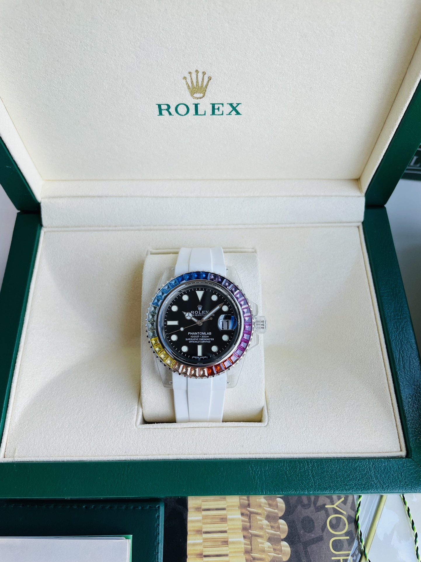 Rolex - Inspired Custom Diver - Style Watch, 40mm Rainbow Gem - Set Bezel, Automatic Movement, White Rubber Strap
