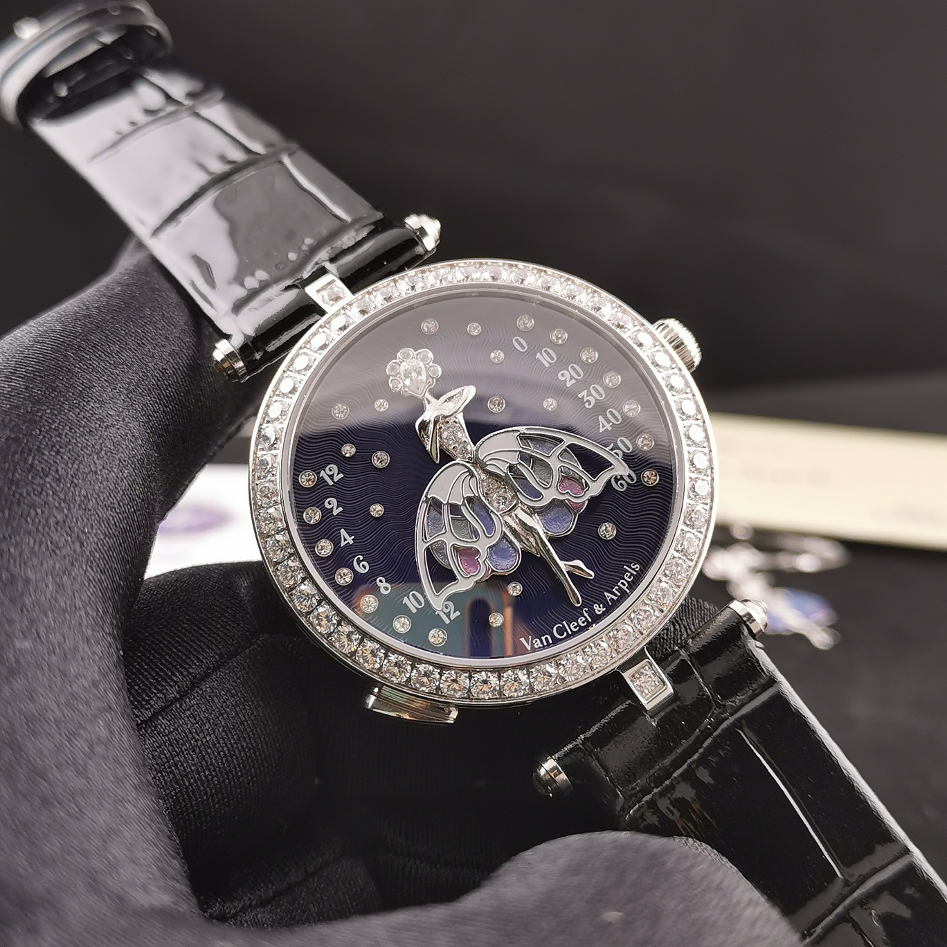 Van Cleef & Arpels Lady Arpels Luxury Watch, 42mm Diamond - Set Case, Automatic Movement, Black Alligator Leather Strap
