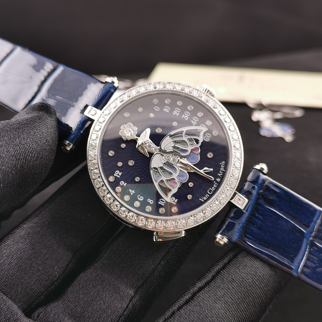 Van Cleef & Arpels Lady Arpels Luxury Watch, 42mm Diamond - Set Case, Automatic Movement, Blue Alligator Leather Strap