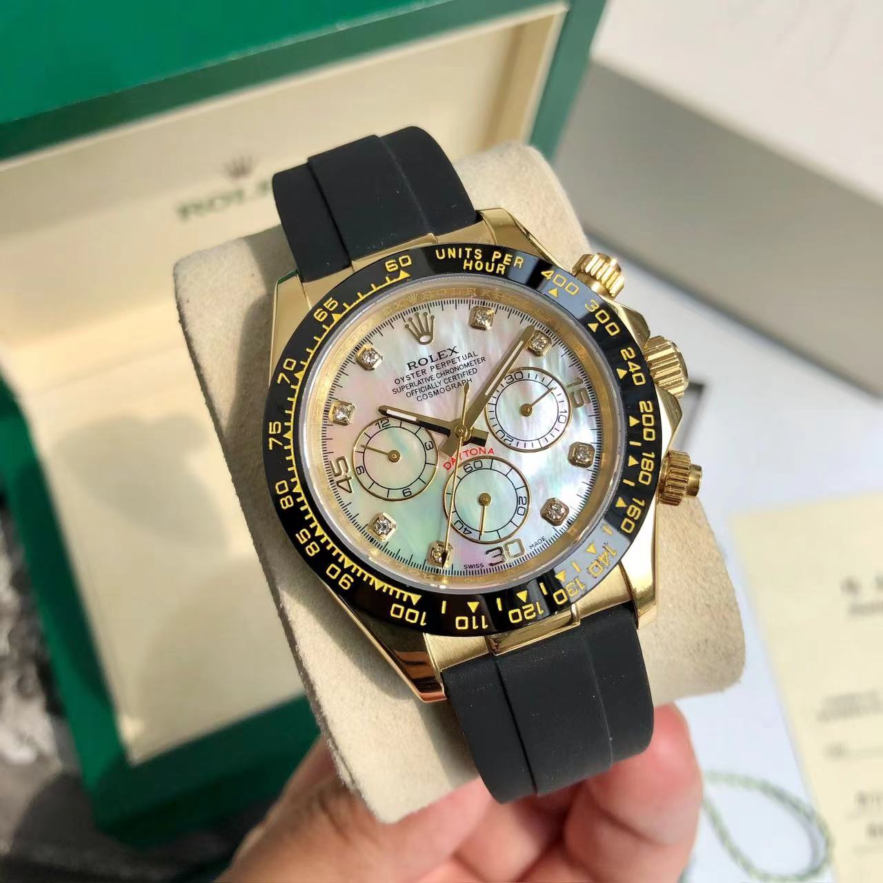 Rolex Daytona Chronograph Luxury Watch, 40mm 18K Yellow Gold Case, Caliber 4130 Movement, Black Rubber Strap