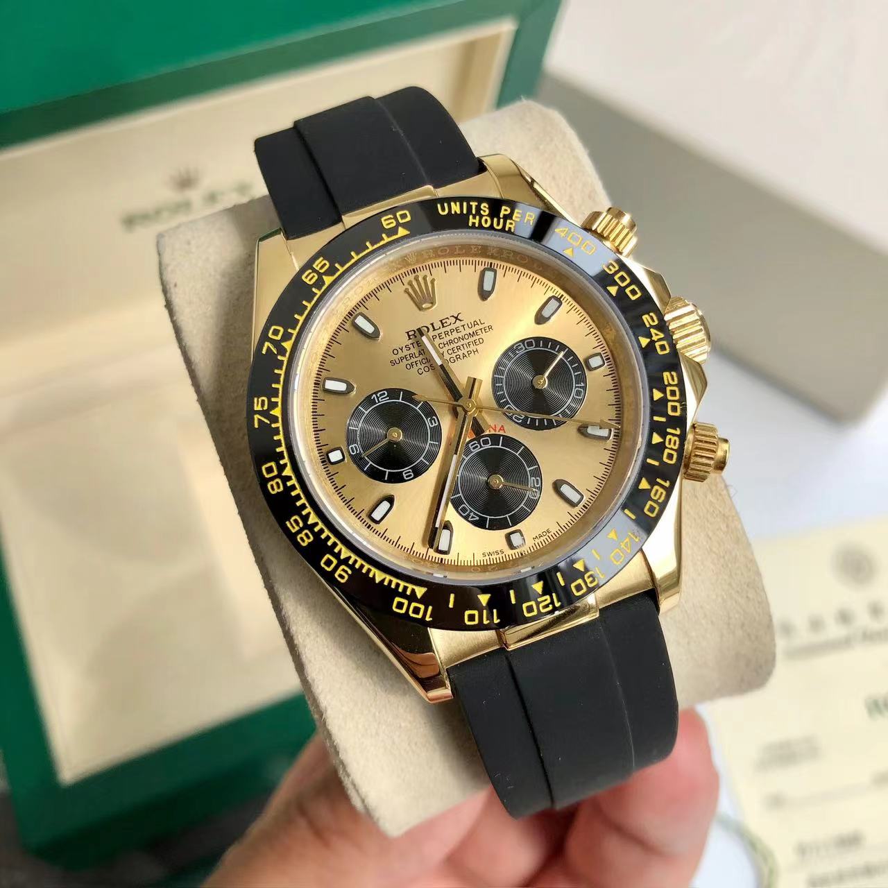 Rolex Daytona Chronograph Luxury Watch, 40mm 18K Yellow Gold Case, Caliber 4130 Movement, Black Rubber Strap