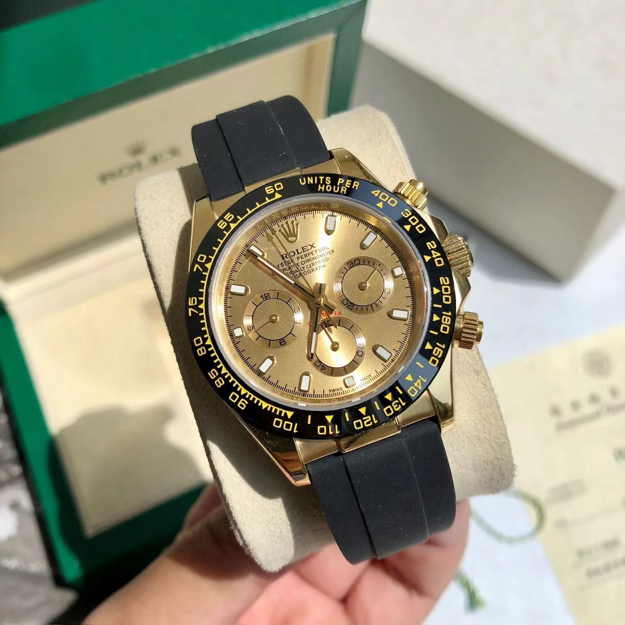 Rolex Daytona Chronograph Luxury Watch, 40mm 18K Yellow Gold Case, Caliber 4130 Movement, Black Rubber Strap