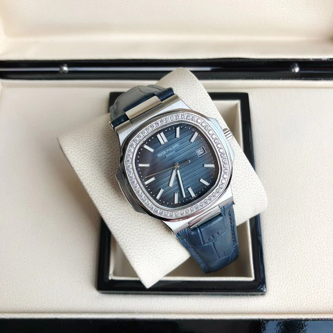 Patek Philippe Nautilus Diamond - Set Luxury Watch, 40mm Stainless Steel Case, Caliber 324 SC Movement, Blue Alligator Leather Strap
