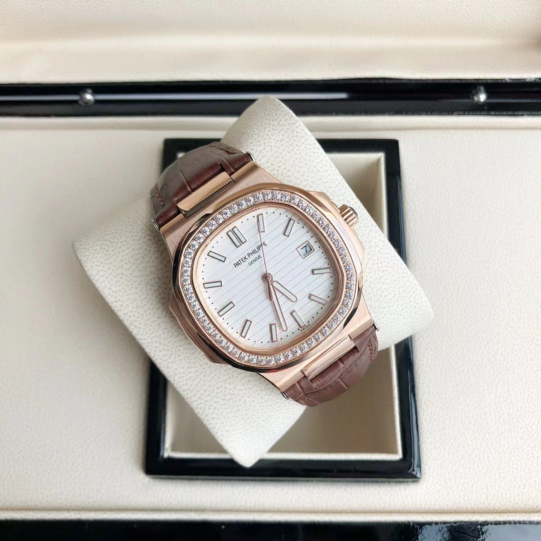Patek Philippe Nautilus Diamond - Set Luxury Watch, 40mm 18K Rose Gold Case, Caliber 324 SC Movement, Brown Alligator Leather Strap