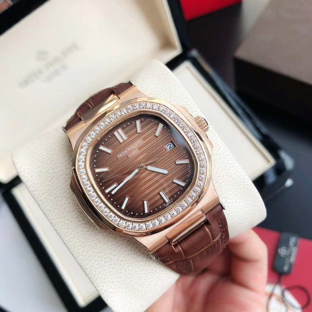 Patek Philippe Nautilus Diamond - Set Luxury Watch, 40mm 18K Rose Gold Case, Caliber 324 SC Movement, Brown Alligator Leather Strap