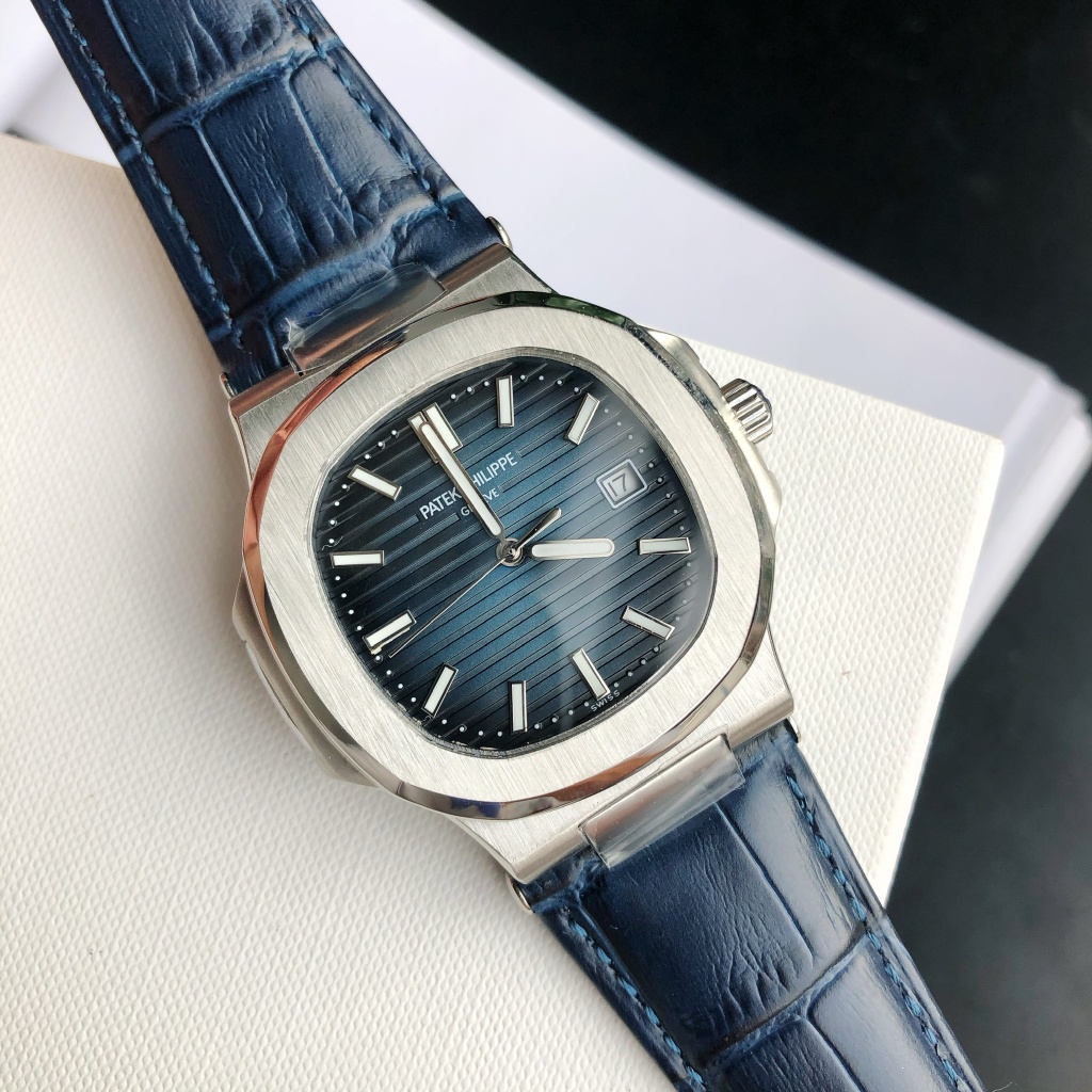 Patek Philippe Nautilus Luxury Watch, 40mm Stainless Steel Case, Caliber 324 SC Movement, Blue Alligator Leather Strap