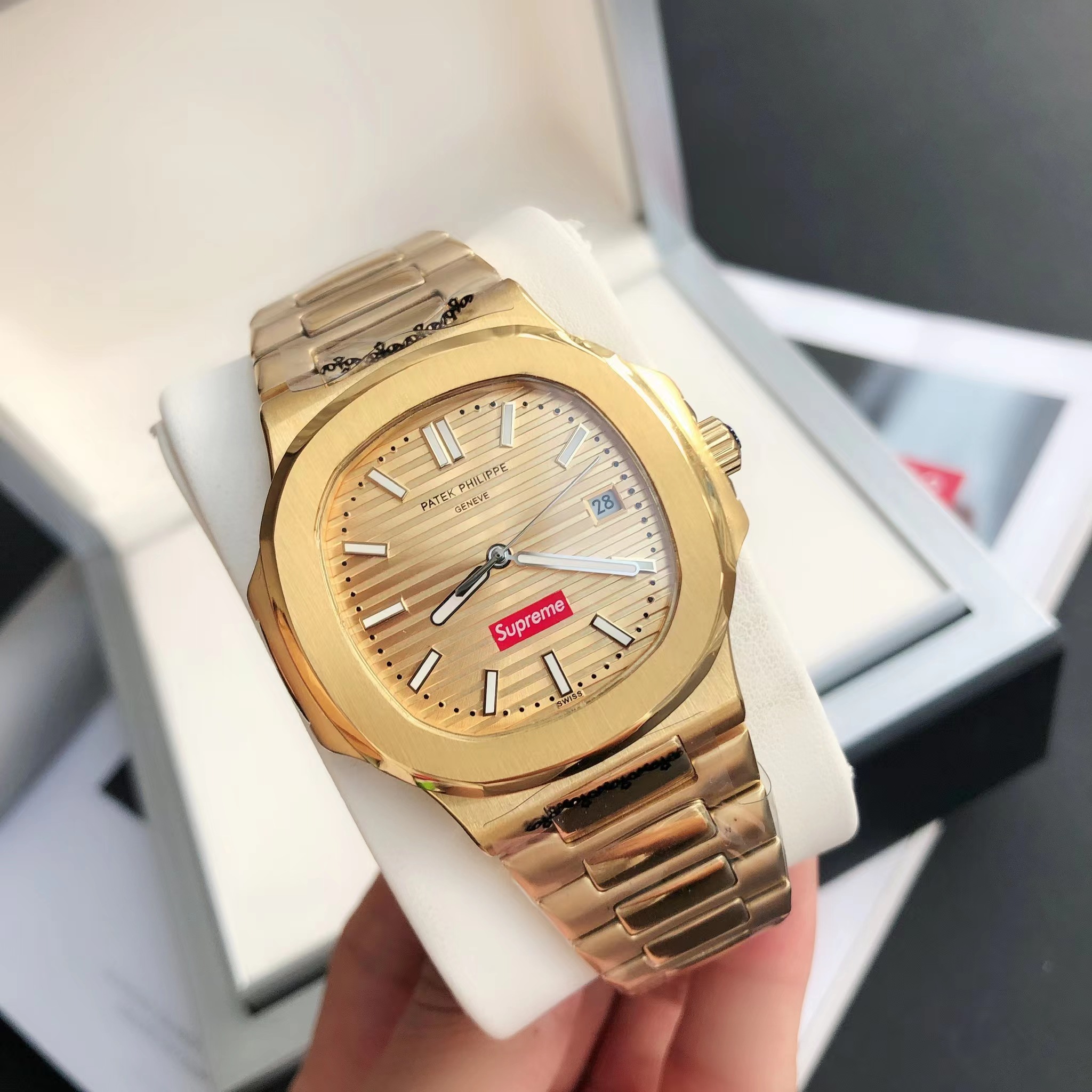 Patek Philippe Nautilus x Supreme Luxury Watch, 40mm 18K Yellow Gold Case, Caliber 324 SC Movement, 18K Yellow Gold Bracelet