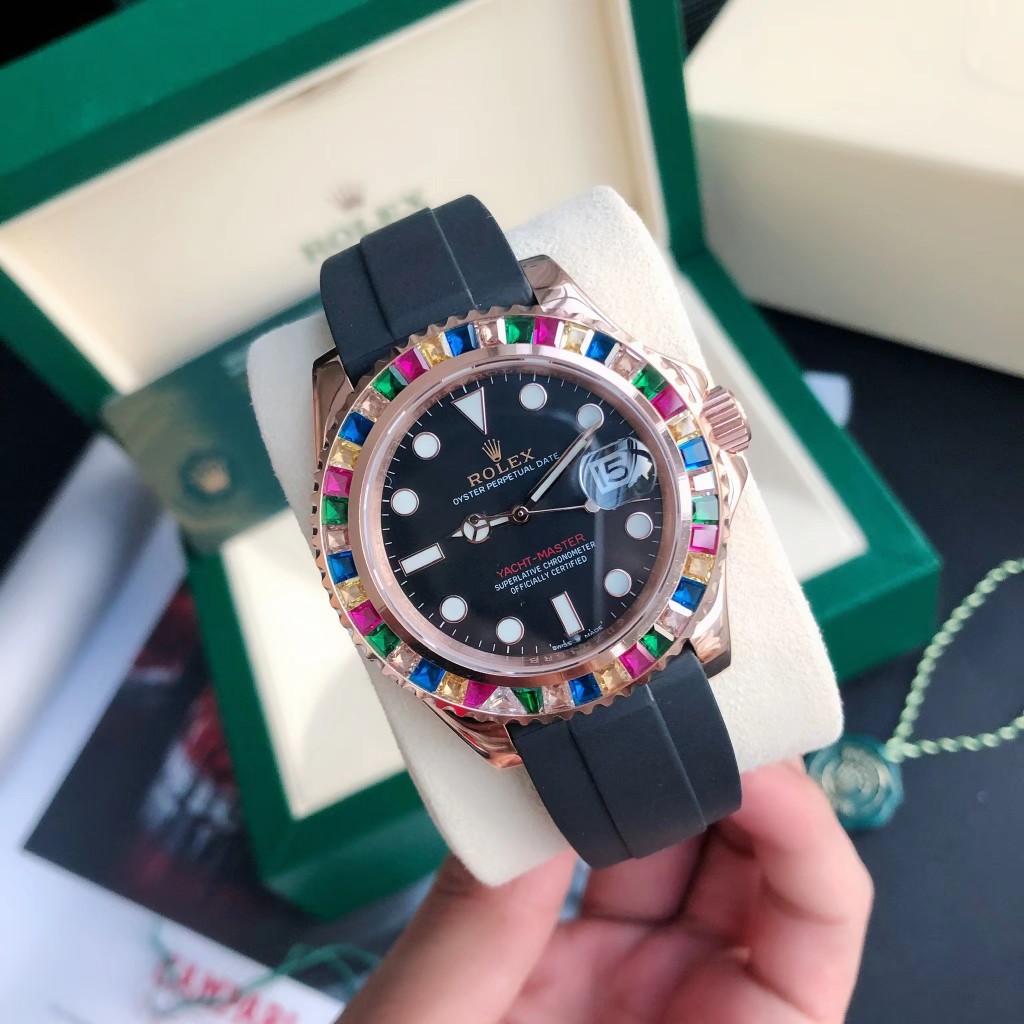 Rolex Yacht-Master Rainbow Gem-Set Luxury Watch, 40mm 18K Rose Gold Case, Caliber 3235 Movement, Black Rubber Strap