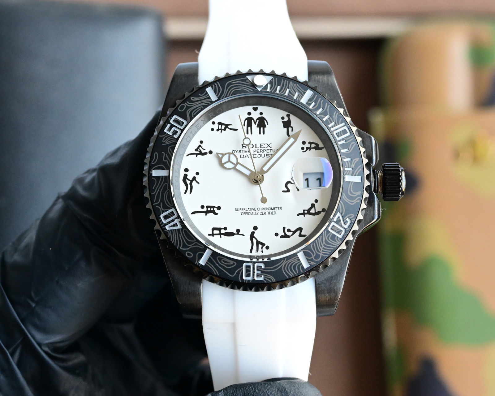 Rolex Oyster Perpetual Datejust Artistic Custom Luxury Watch, 41mm Black - Coated Case, Automatic Movement, White Rubber Strap