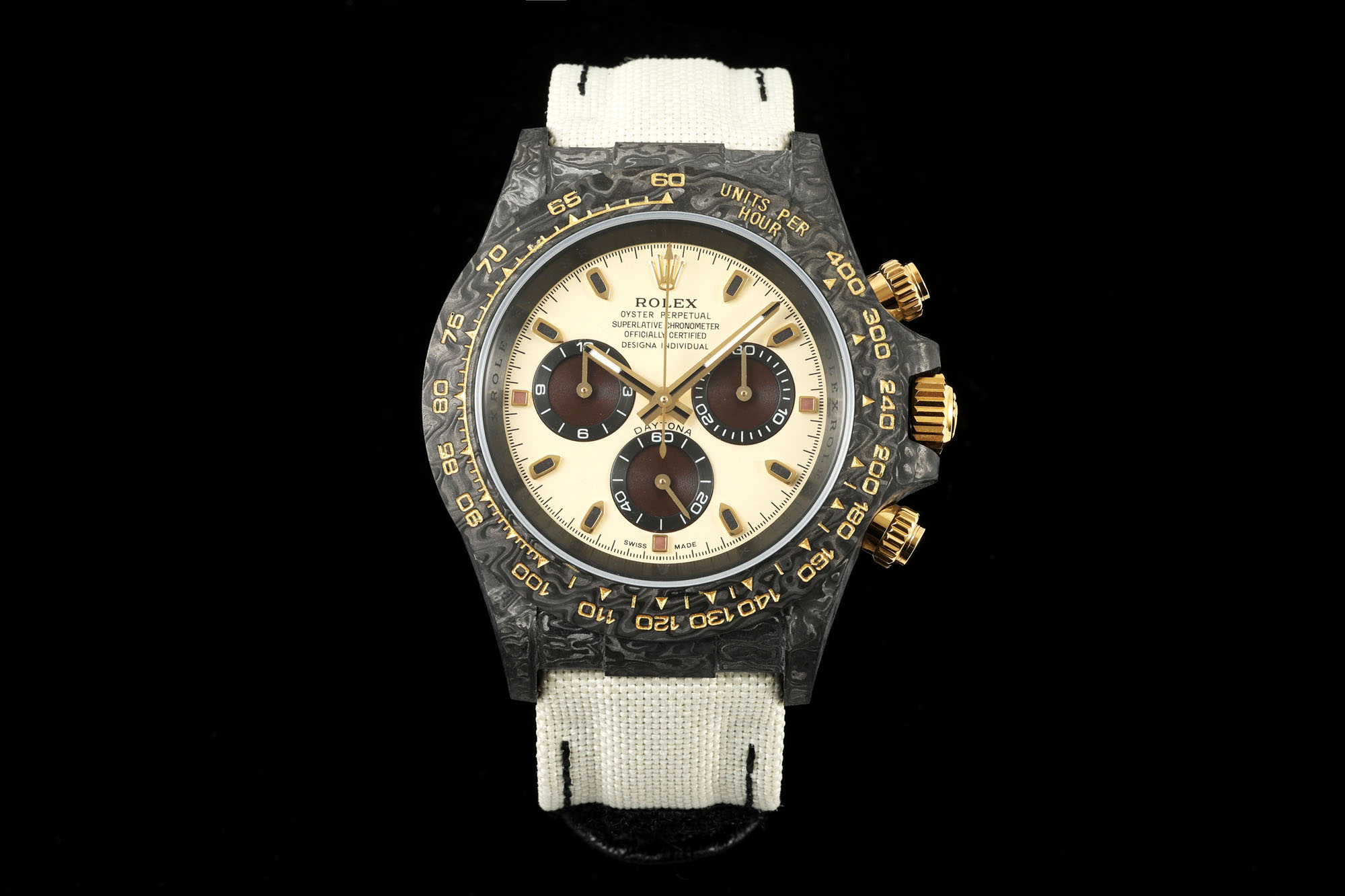 Rolex Designa Individual Limited Edition Tribute to Daytona Watch, 41mm Carbon Fiber Case, Chronograph Movement, Black Leather Strap