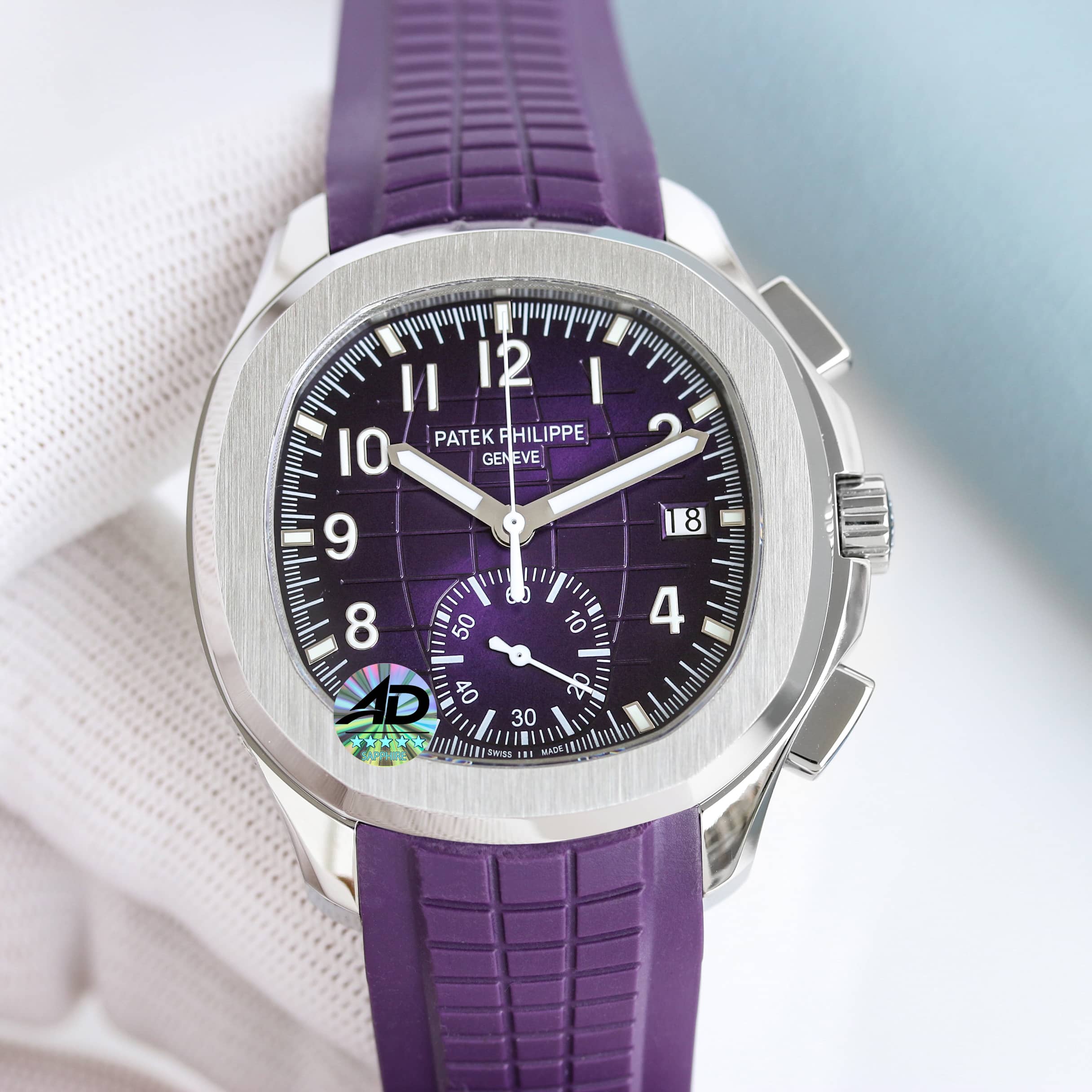 Patek Philippe Aquanaut Luxury Watch, 42mm Stainless Steel Case, Automatic Chronograph Movement, Purple Rubber Strap