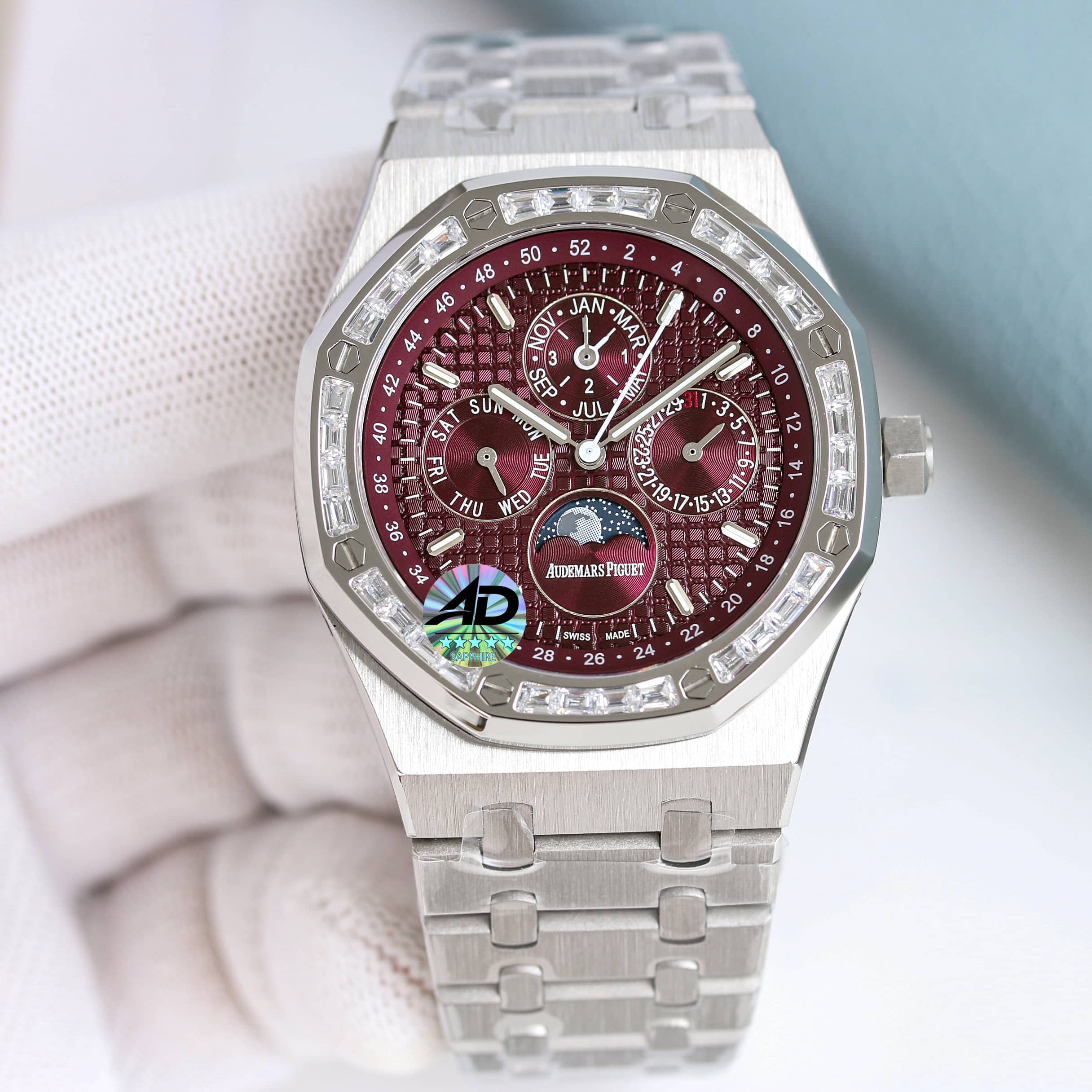 Audemars Piguet Royal Oak Perpetual Calendar Luxury Watch, 41mm Stainless Steel Case (Diamond - Set Bezel), Perpetual Calendar Automatic Movement, Black Rubber Strap