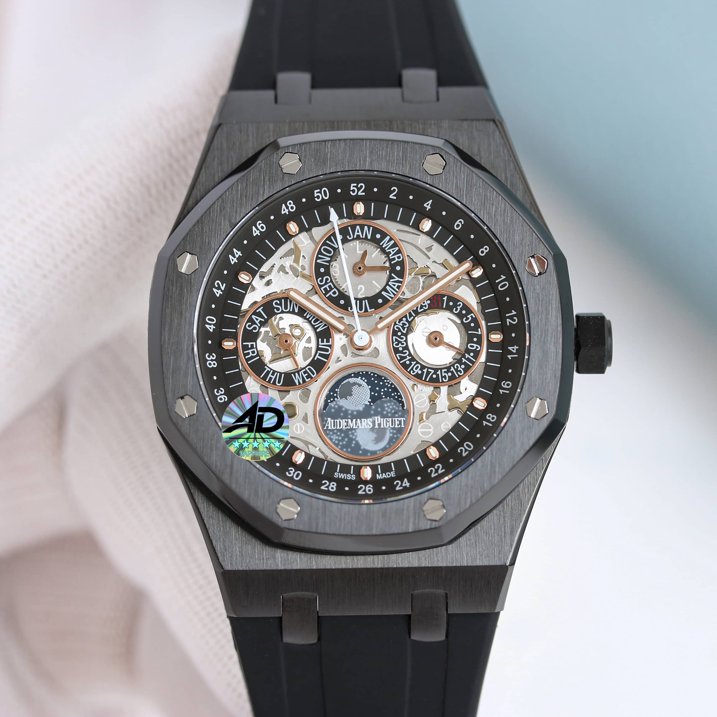 Audemars Piguet Royal Oak Perpetual Calendar Luxury Watch, 41mm Black Ceramic Case, Perpetual Calendar Automatic Movement, Black Rubber Strap