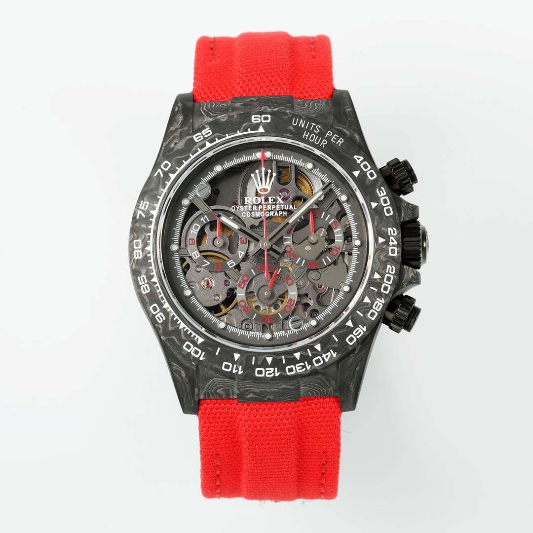 DiW Custom Rolex Daytona - Style Watch, 40mm Carbon Case, Chronograph Movement, Red Nylon Strap