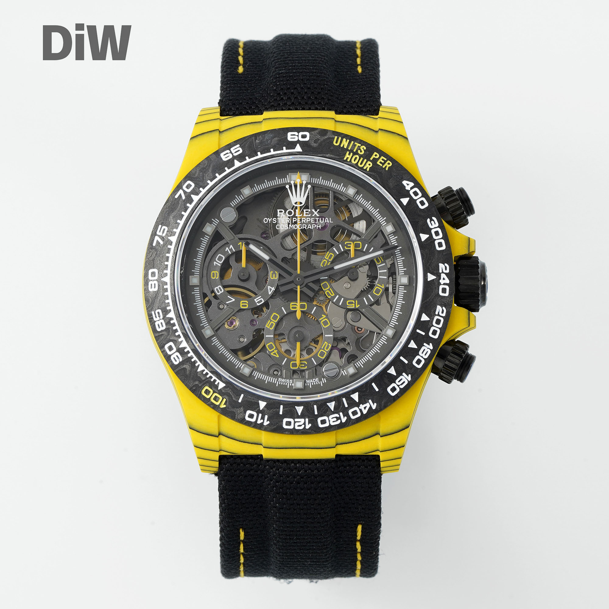 Rolex DiW Custom Daytona - Style Watch, 40mm Yellow Carbon Quartz Case, Chronograph Movement, Black Nylon Strap
