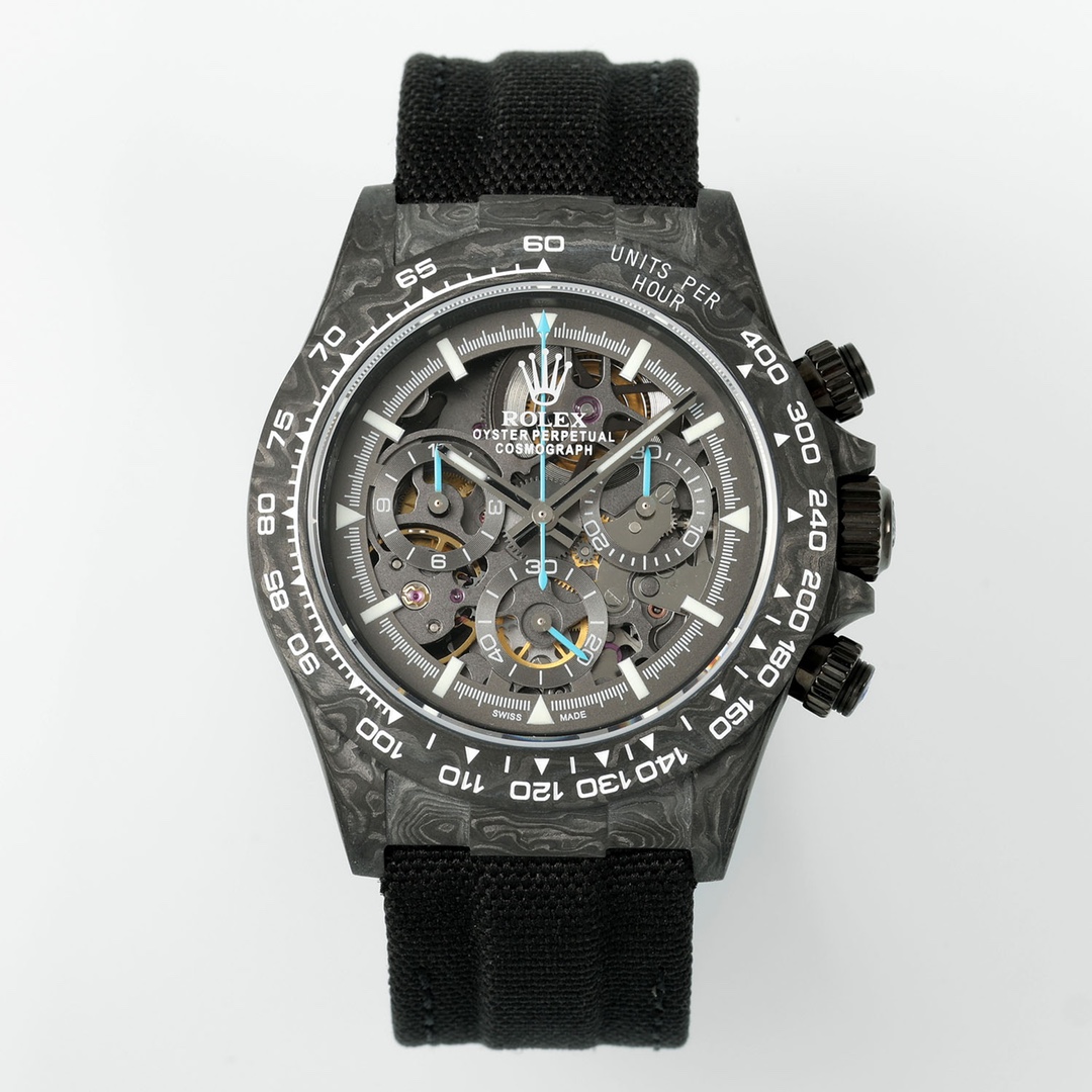 DiW Custom Rolex Daytona - Style Watch, 40mm Carbon Case, Chronograph Movement, Black Nylon Strap