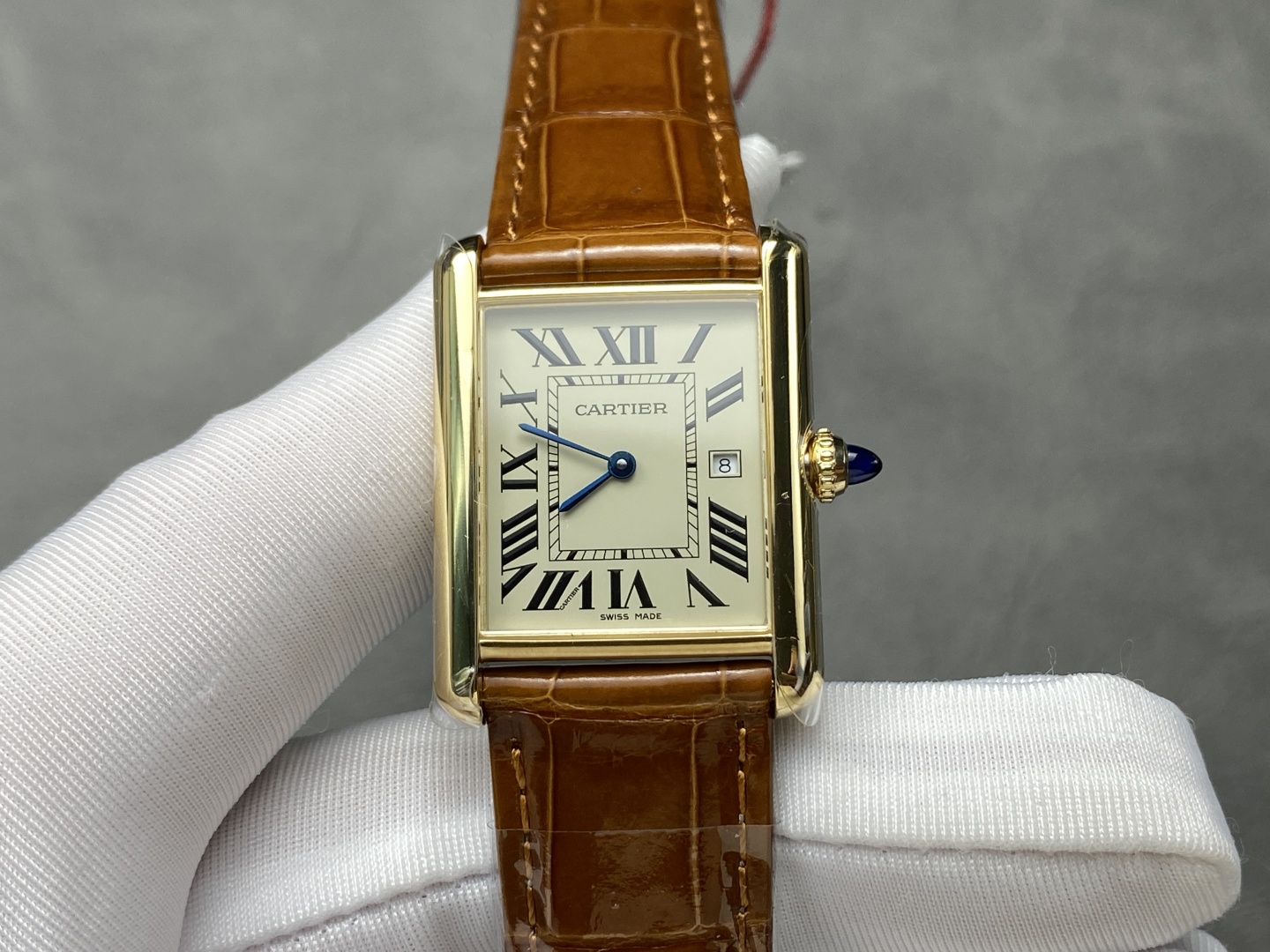 Cartier Tank Women's Watch, Square 18K Yellow Gold Case (Approx. 22×30mm), Mechanical Movement, Brown Alligator Leather Strap