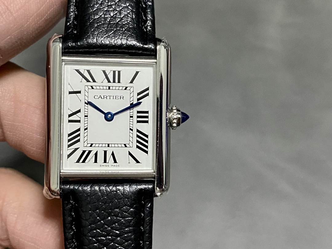 Cartier Tank Women's Watch, Square Stainless Steel Case (Approx. 22×30mm), Quartz Movement, Black Leather Strap